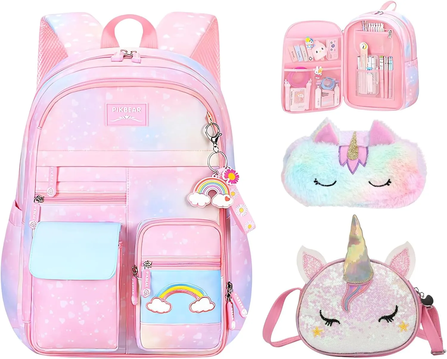 3Pcs Girl Backpack Set, Cute Kids Rainbow School Bag Backpack,School Bookbag For Girl With Shoulder Bag And Pencilcase