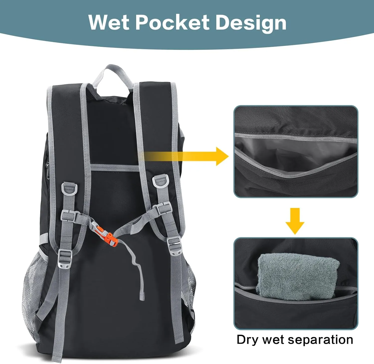 40L Hiking Backpack, Lightweight Foldable Hiking Daypack with Wet Pocket, Waterproof Travel Camping Bag for Men Women