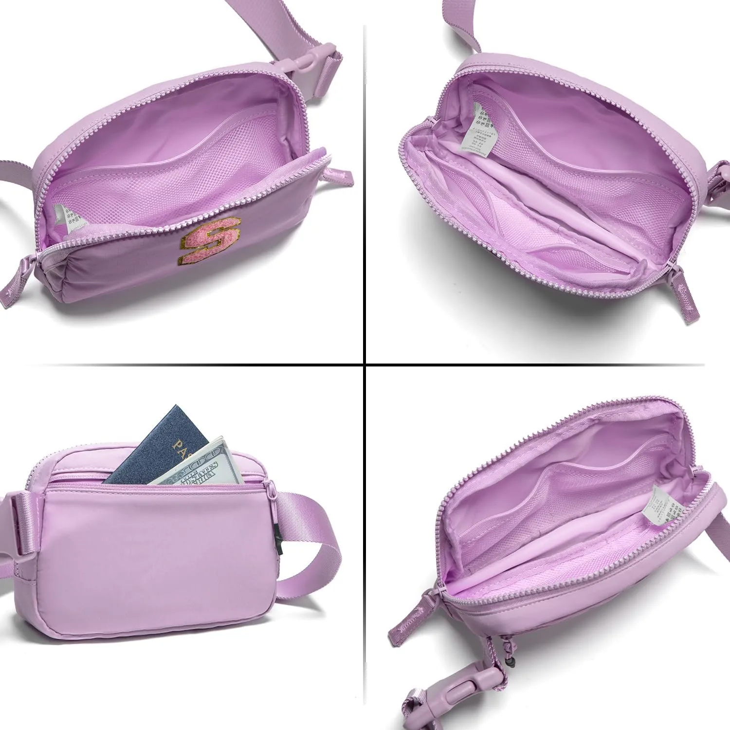 Belt Bag Two-Way Zipper Fanny Pack Crossbody Bags with Initial Letter Patch Cute Stuff for Teenager Girls Trendy Preppy Stuff for Teen Girls Birthday Gifts Cool Stuff for Teens (Lavender-S)