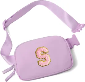 Belt Bag Two-Way Zipper Fanny Pack Crossbody Bags with Initial Letter Patch Cute Stuff for Teenager Girls Trendy Preppy Stuff for Teen Girls Birthday Gifts Cool Stuff for Teens (Lavender-S)