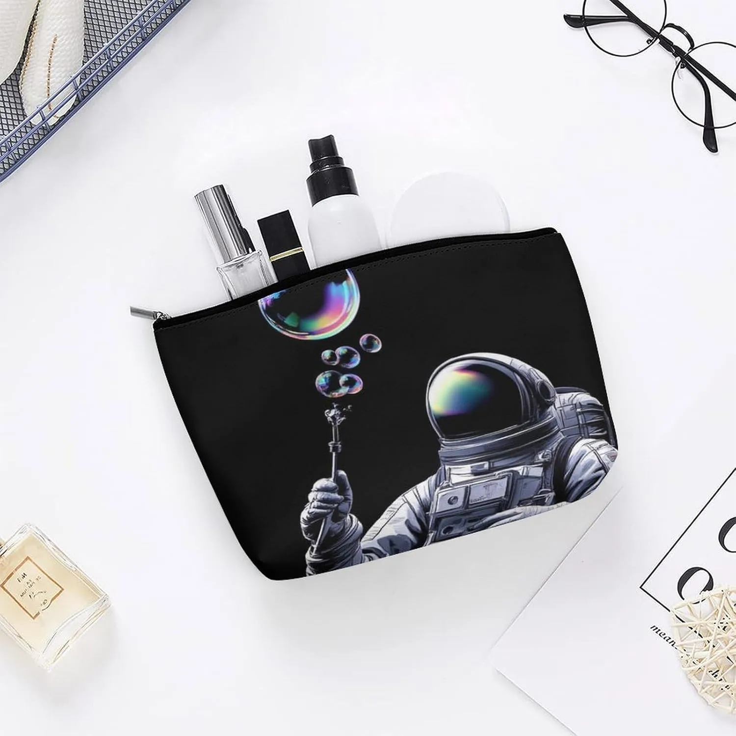 Cool Trippy Space Bubble Astronaut Art Makeup Bag, Women's PU Leather Cosmetic Case for Brushes and Eyeshadow Palettes, Large Capacity Makeup Pouch for Travel