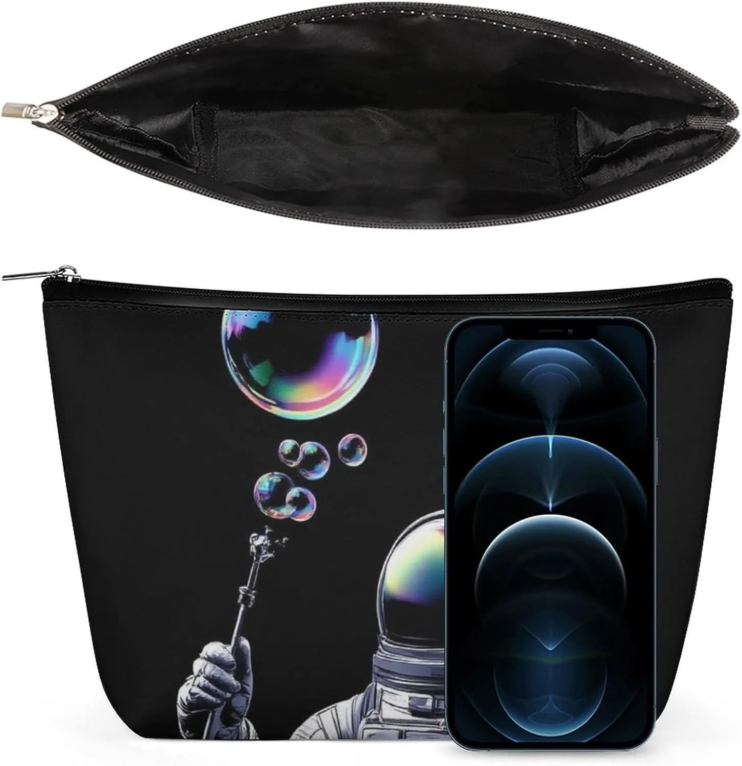 Cool Trippy Space Bubble Astronaut Art Makeup Bag, Women's PU Leather Cosmetic Case for Brushes and Eyeshadow Palettes, Large Capacity Makeup Pouch for Travel