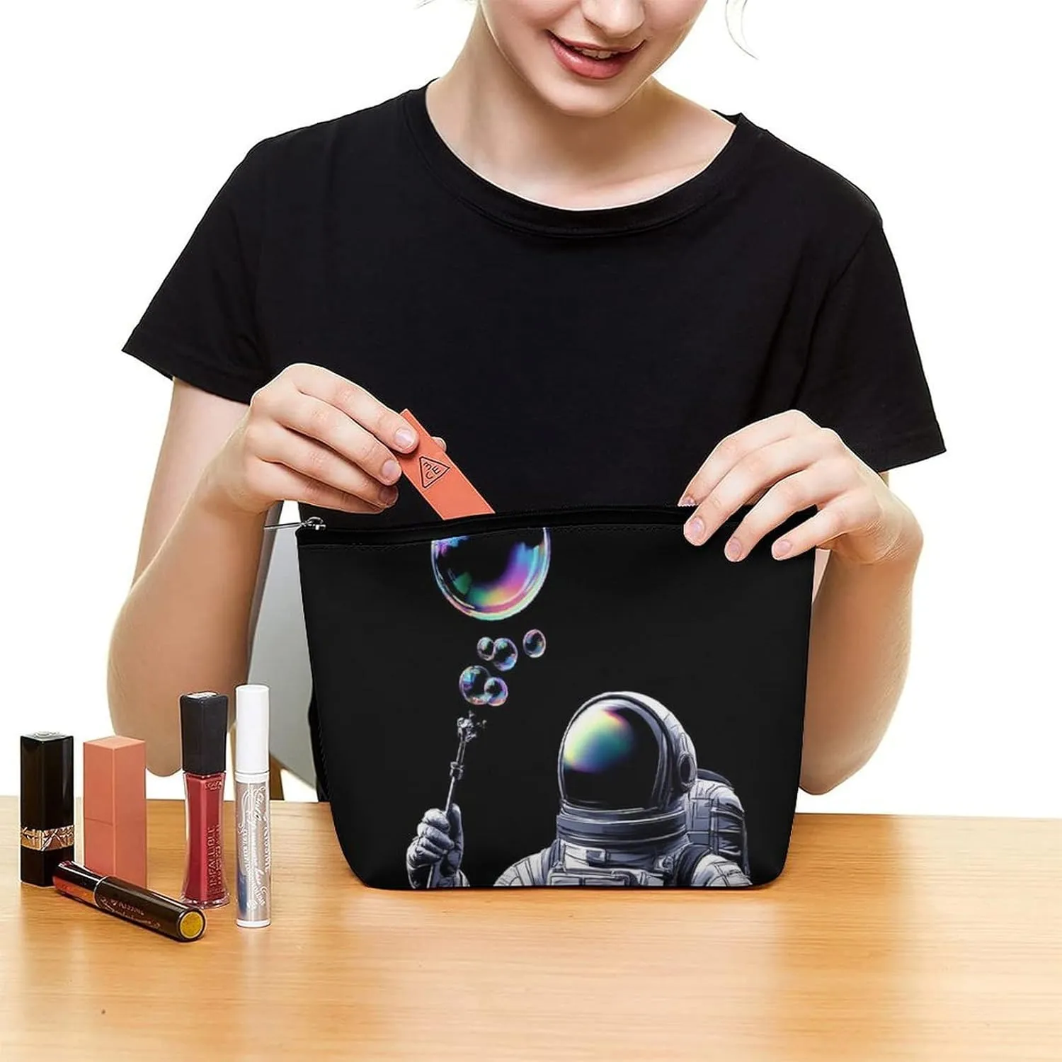 Cool Trippy Space Bubble Astronaut Art Makeup Bag, Women's PU Leather Cosmetic Case for Brushes and Eyeshadow Palettes, Large Capacity Makeup Pouch for Travel