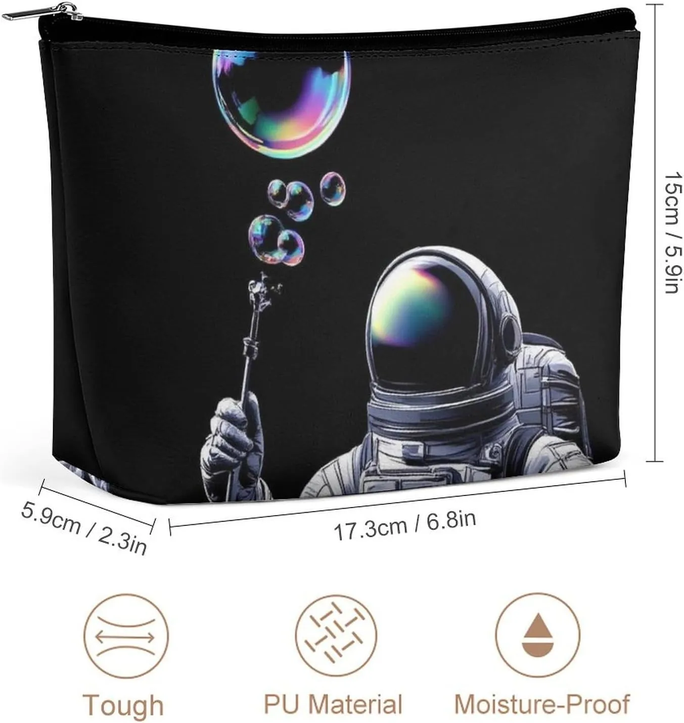 Cool Trippy Space Bubble Astronaut Art Makeup Bag, Women's PU Leather Cosmetic Case for Brushes and Eyeshadow Palettes, Large Capacity Makeup Pouch for Travel