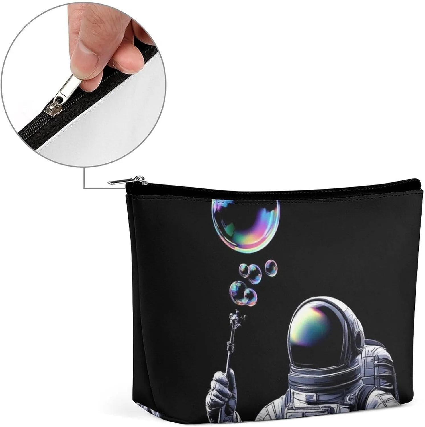 Cool Trippy Space Bubble Astronaut Art Makeup Bag, Women's PU Leather Cosmetic Case for Brushes and Eyeshadow Palettes, Large Capacity Makeup Pouch for Travel