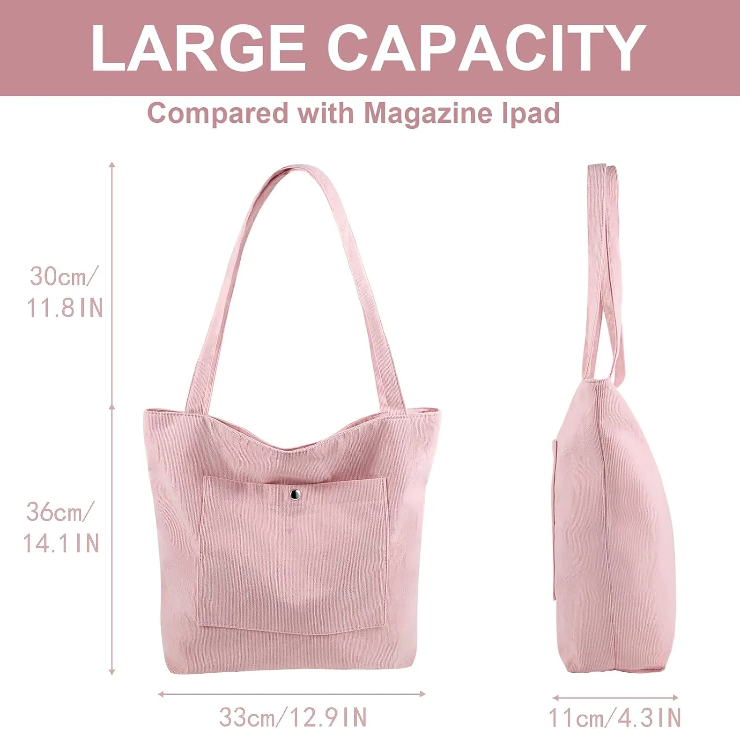 Corduroy Tote Bag for Women, Large Capacity, Adjustable Shoulder Strap, Main Zippered Pocket
