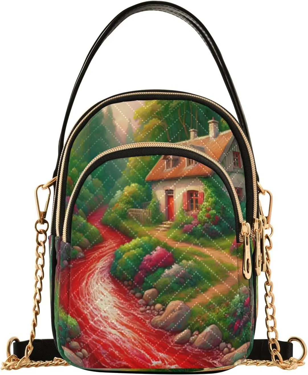 Crossbody Bags for Women Country House Quilted Chain Crossbody Purses Trendy Creek Forest Cross Body Phone Purse Handbag
