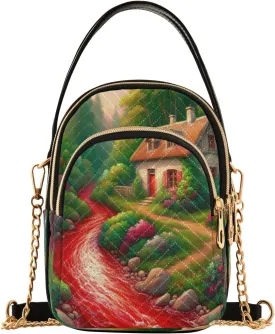 Crossbody Bags for Women Country House Quilted Chain Crossbody Purses Trendy Creek Forest Cross Body Phone Purse Handbag