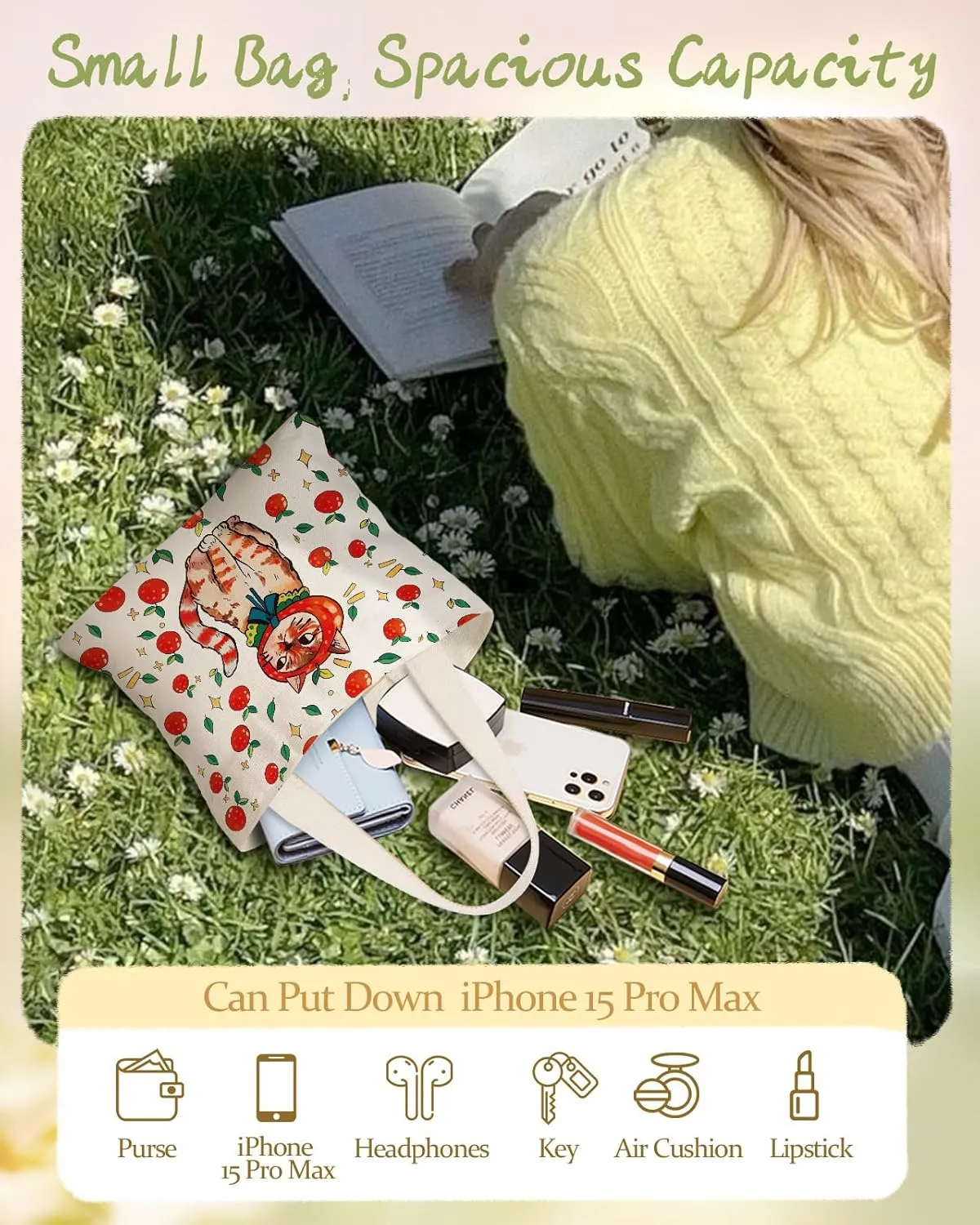 Cute Mini Canvas Tote Bag for Kids - Small Bags Size 8'' 6'' Magnetic Buckle for Women Girls Cloth Cotton