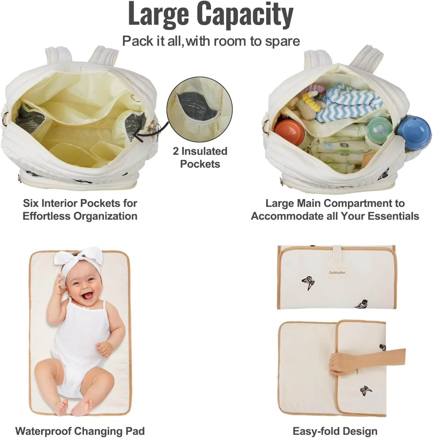 Diaper Bag Backpack, Mini Maternity baby bag with Changing Pad, Insulated Pockets, Stroller Straps & Pacifier Case (Beige - Butterflies)
