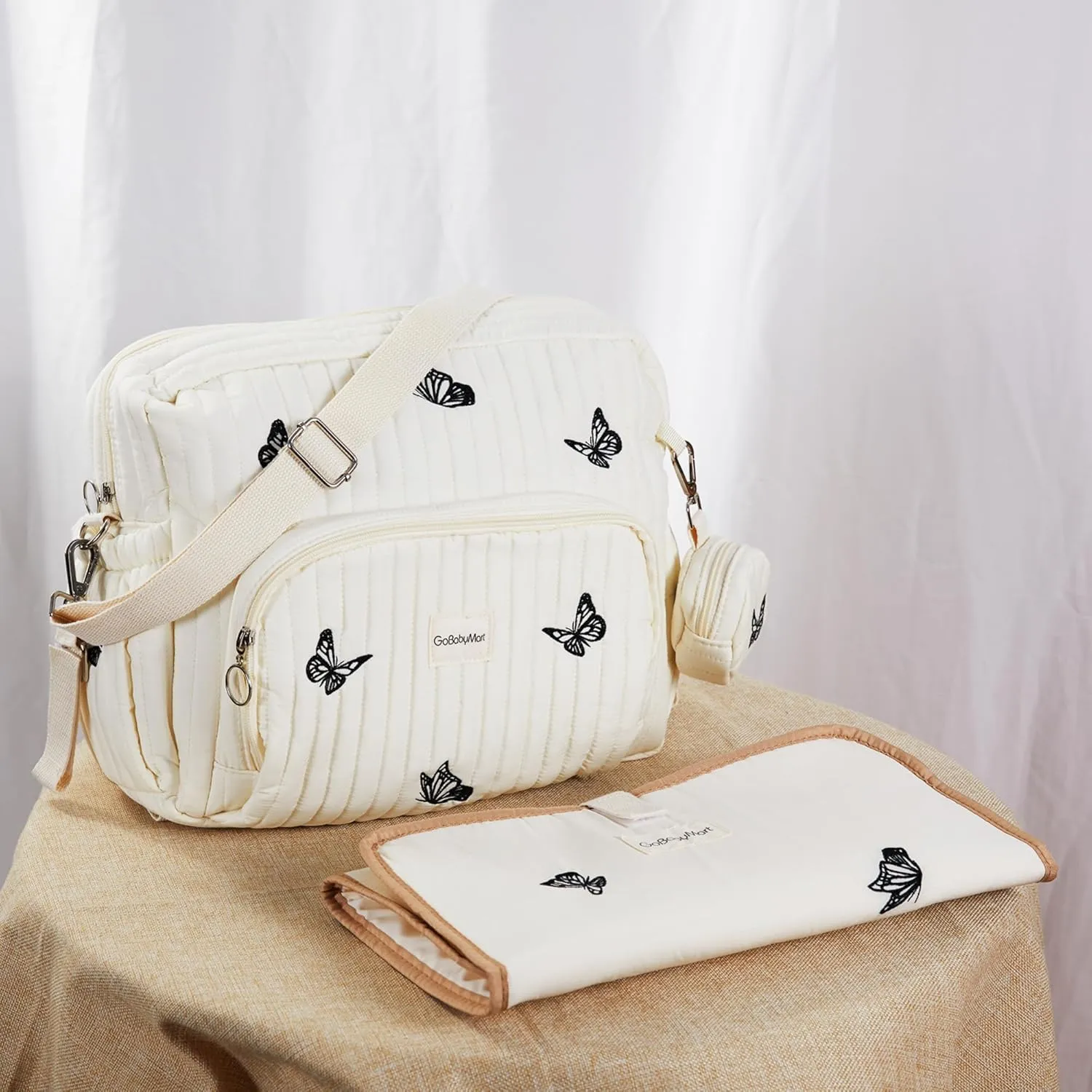 Diaper Bag Backpack, Mini Maternity baby bag with Changing Pad, Insulated Pockets, Stroller Straps & Pacifier Case (Beige - Butterflies)