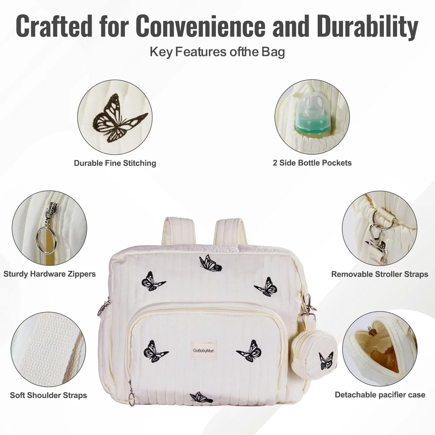 Diaper Bag Backpack, Mini Maternity baby bag with Changing Pad, Insulated Pockets, Stroller Straps & Pacifier Case (Beige - Butterflies)