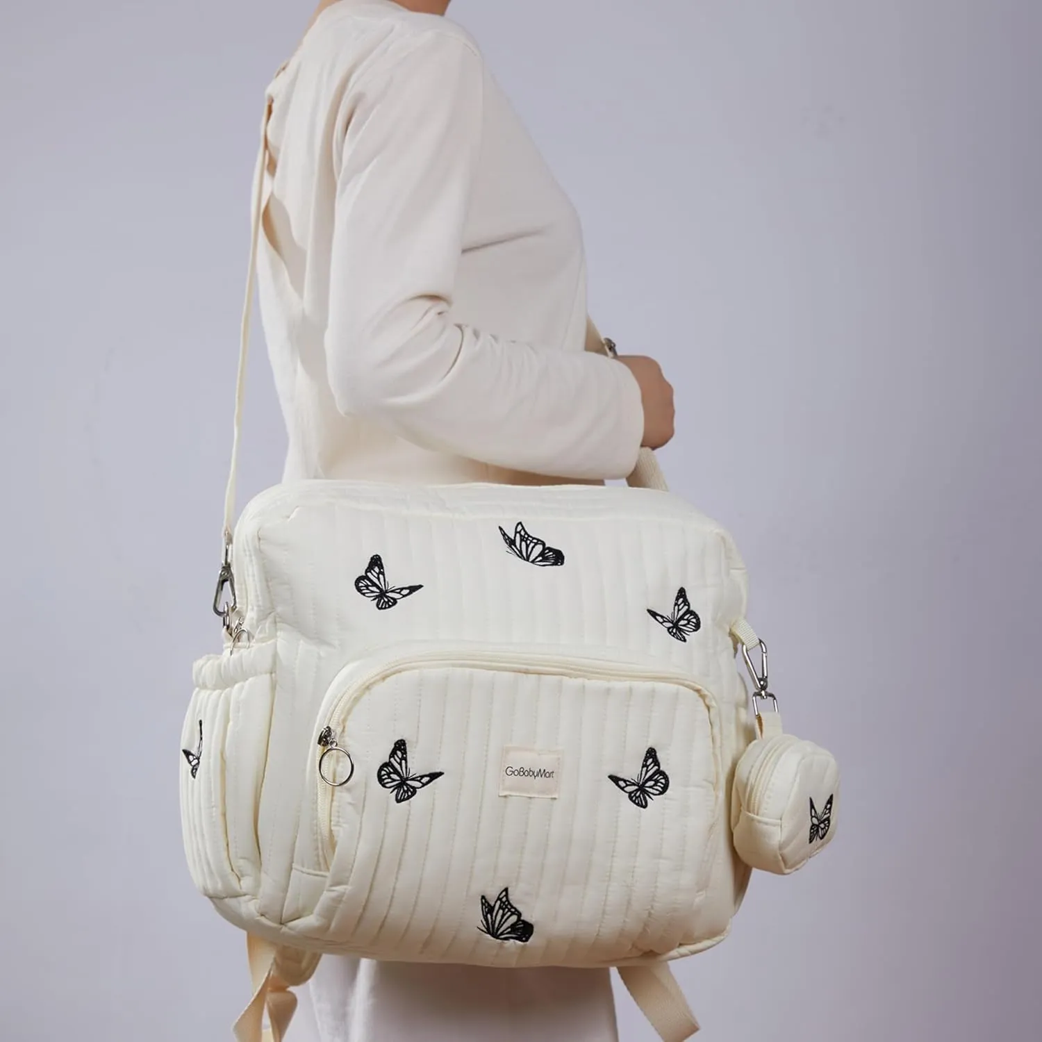 Diaper Bag Backpack, Mini Maternity baby bag with Changing Pad, Insulated Pockets, Stroller Straps & Pacifier Case (Beige - Butterflies)