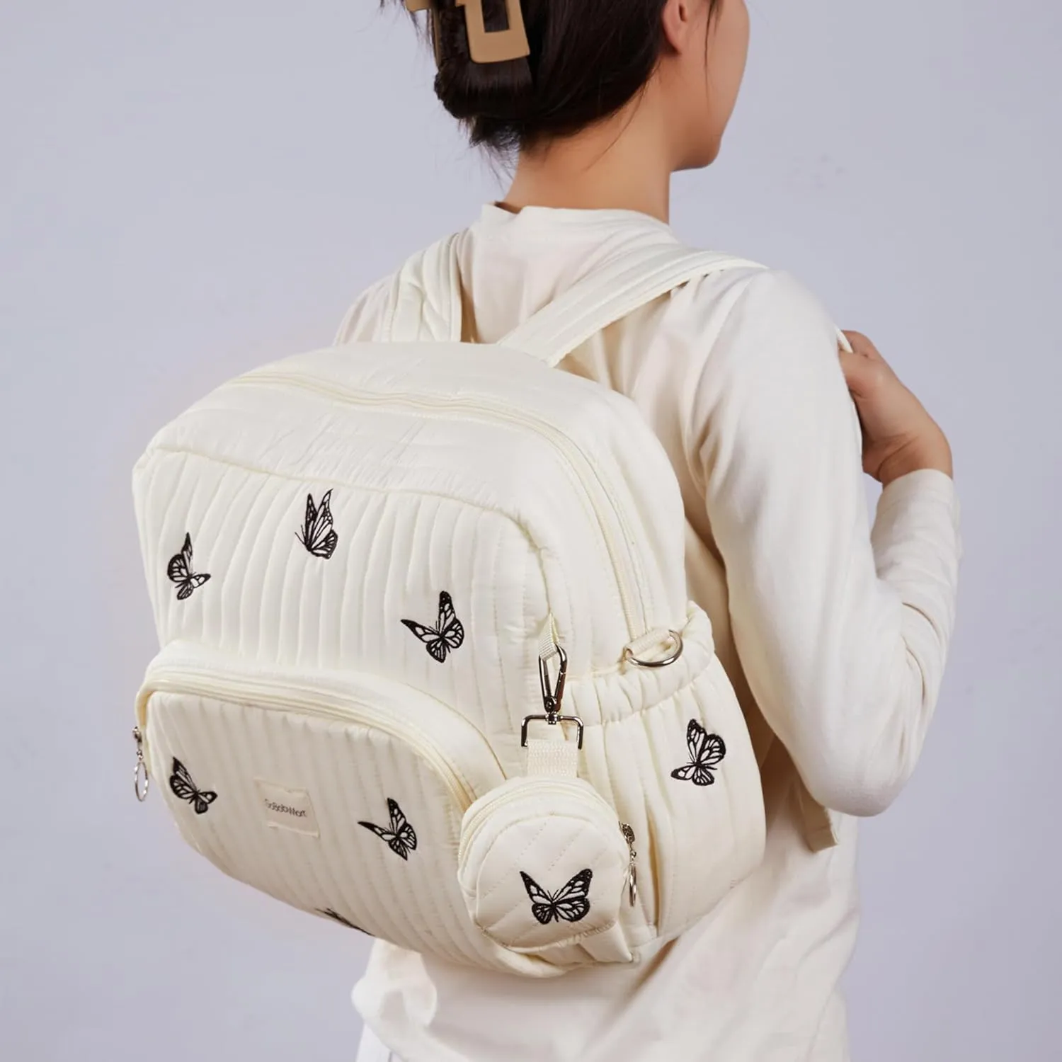 Diaper Bag Backpack, Mini Maternity baby bag with Changing Pad, Insulated Pockets, Stroller Straps & Pacifier Case (Beige - Butterflies)