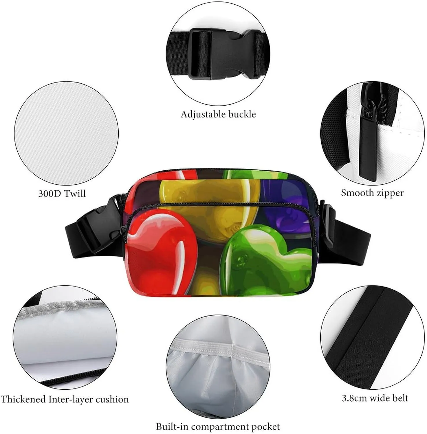 Fanny Pack for Men&Women Crossbody Waist Bag Small Sling Backpack Rainbow Colored Hearts Belt Bag