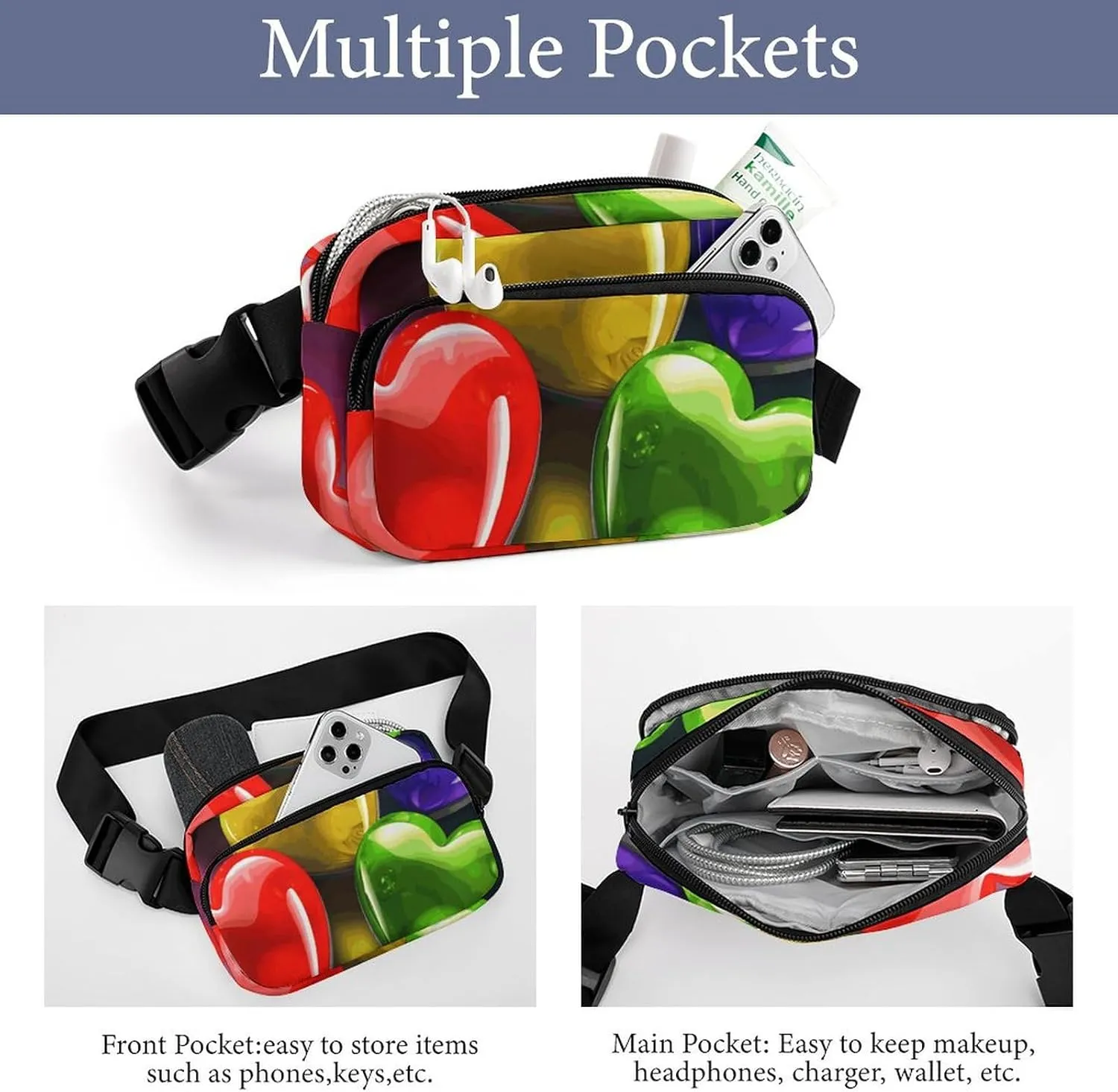 Fanny Pack for Men&Women Crossbody Waist Bag Small Sling Backpack Rainbow Colored Hearts Belt Bag