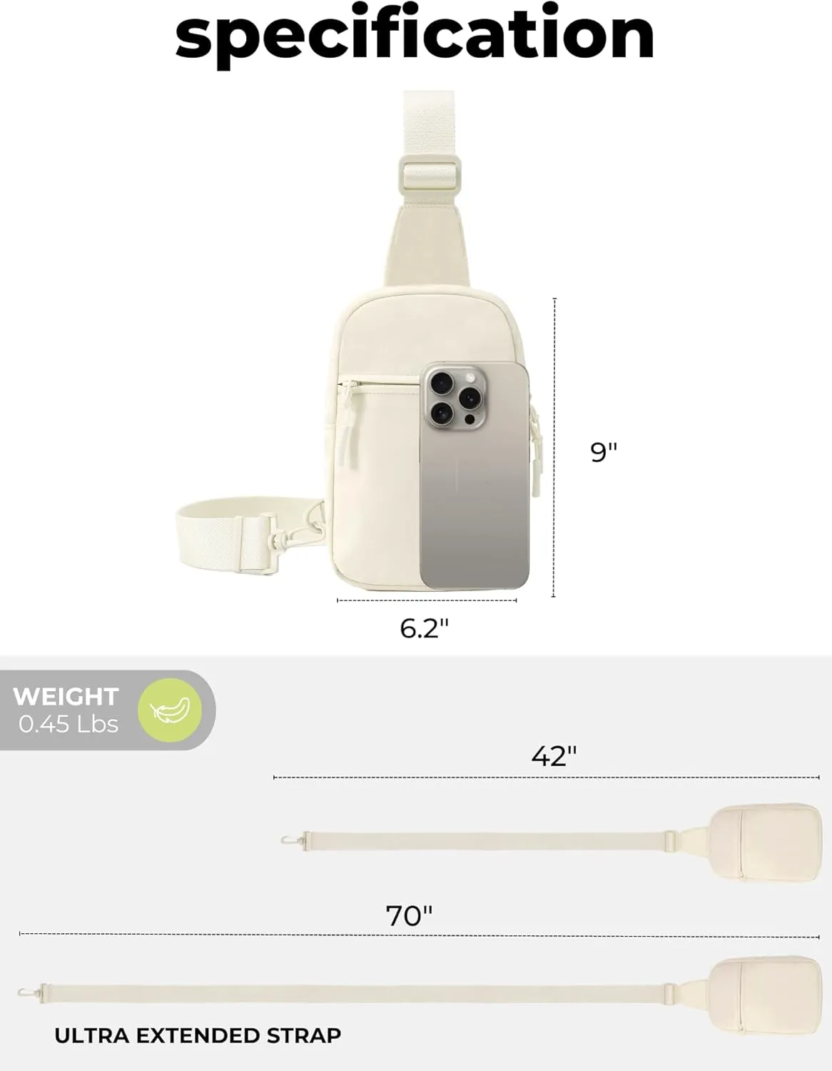 FORZAROCKET Ultralight Sling Bag w/Long Strap 70"  Small Crossbody Bag w/Extended Strap  Women Men Fanny Pack w/Anti-Theft Pocket  Two-Way Durable Zipper  Travel & Plus Size Friendly, Cream White