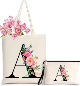 Initial Canvas Tote Bag for Women, Personalized Monogrammed Tote Bags with Makeup Gift Bag for Wedding Bridesmaids Birthday
