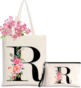 Initial Canvas Tote Bag for Women, Personalized Monogrammed Tote Bags with Makeup Gift Bag for Wedding Bridesmaids Birthday