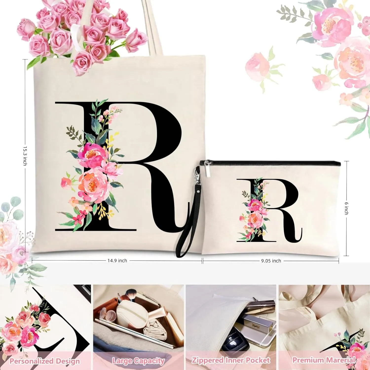 Initial Canvas Tote Bag for Women, Personalized Monogrammed Tote Bags with Makeup Gift Bag for Wedding Bridesmaids Birthday
