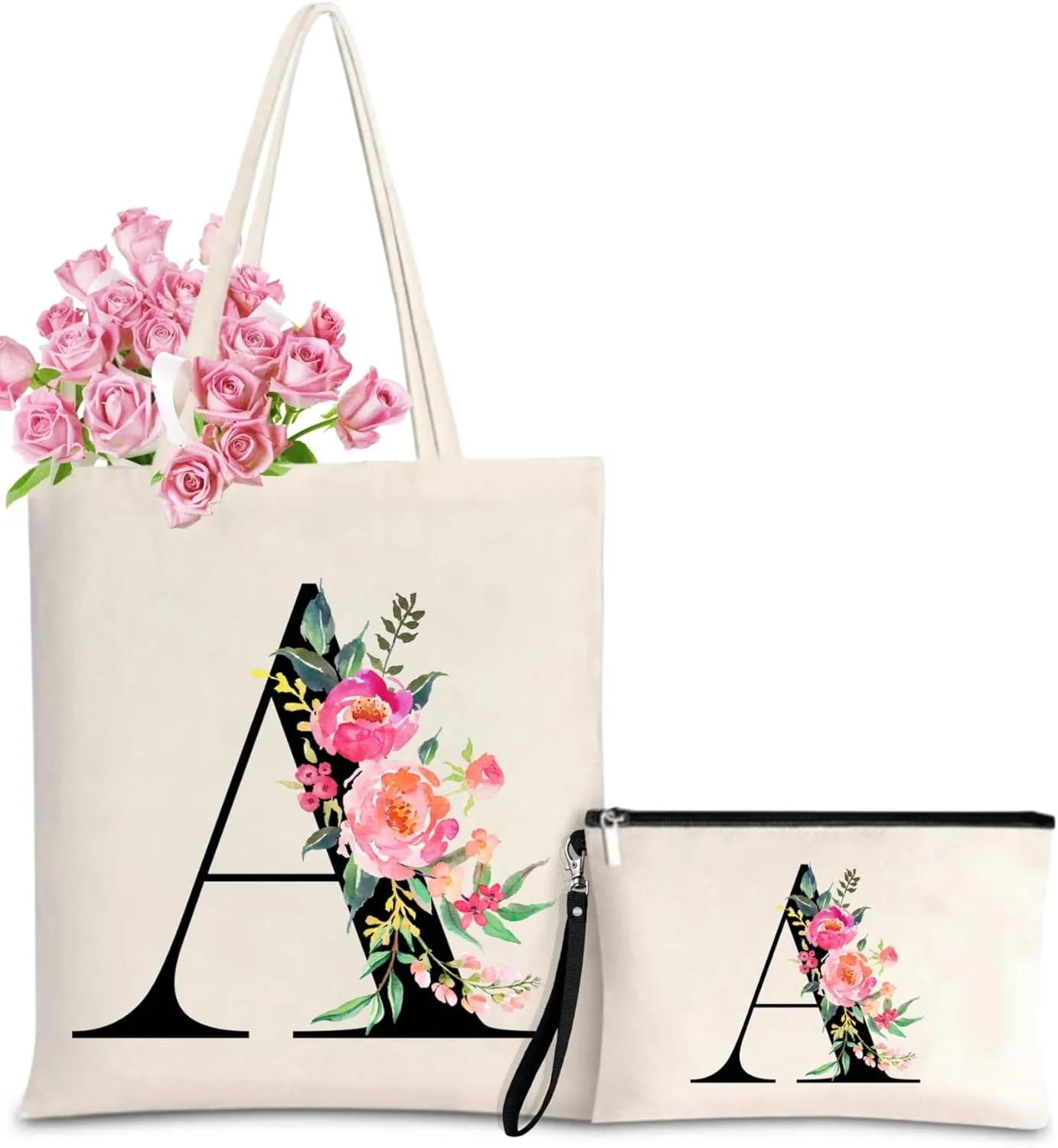 Initial Canvas Tote Bag for Women, Personalized Monogrammed Tote Bags with Makeup Gift Bag for Wedding Bridesmaids Birthday