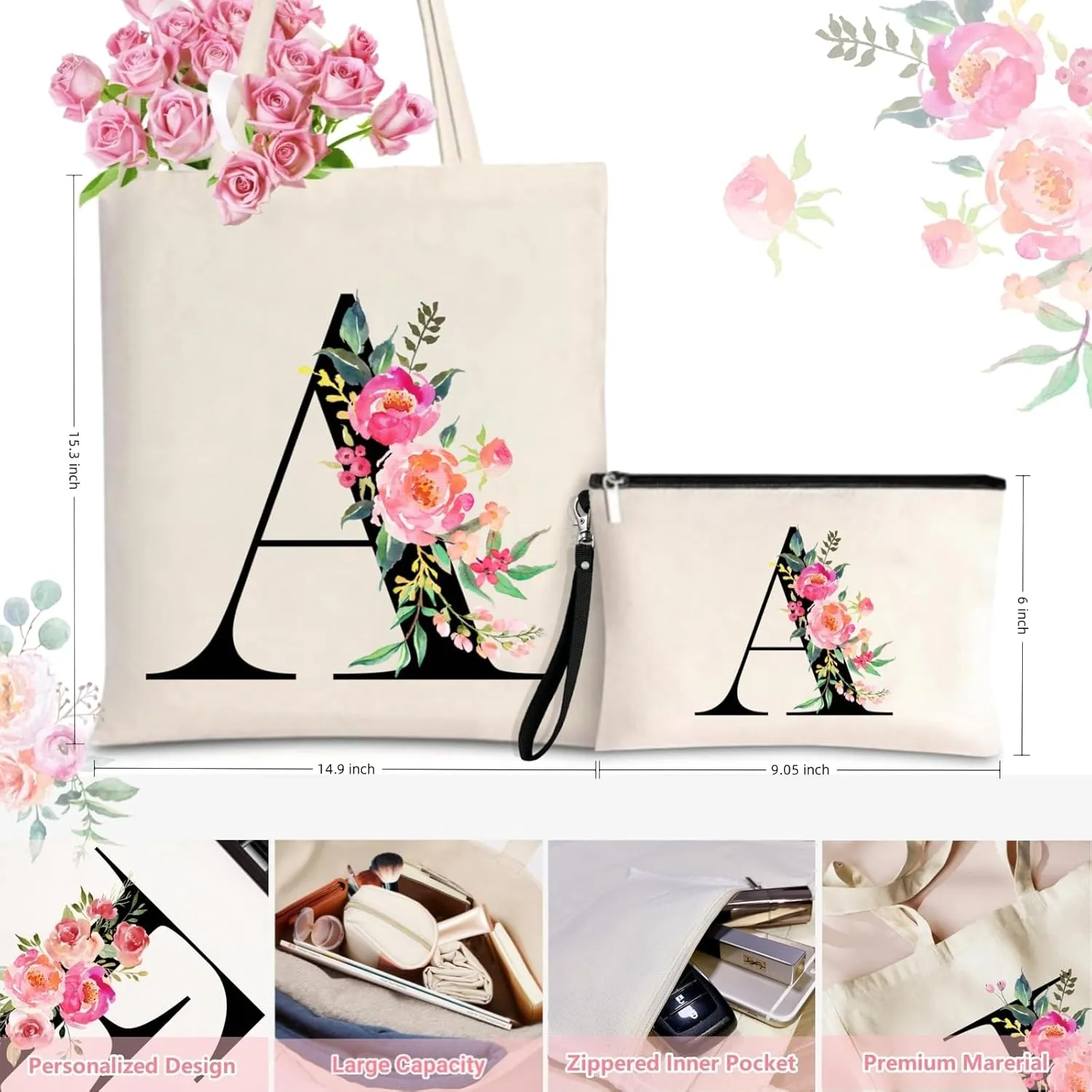 Initial Canvas Tote Bag for Women, Personalized Monogrammed Tote Bags with Makeup Gift Bag for Wedding Bridesmaids Birthday