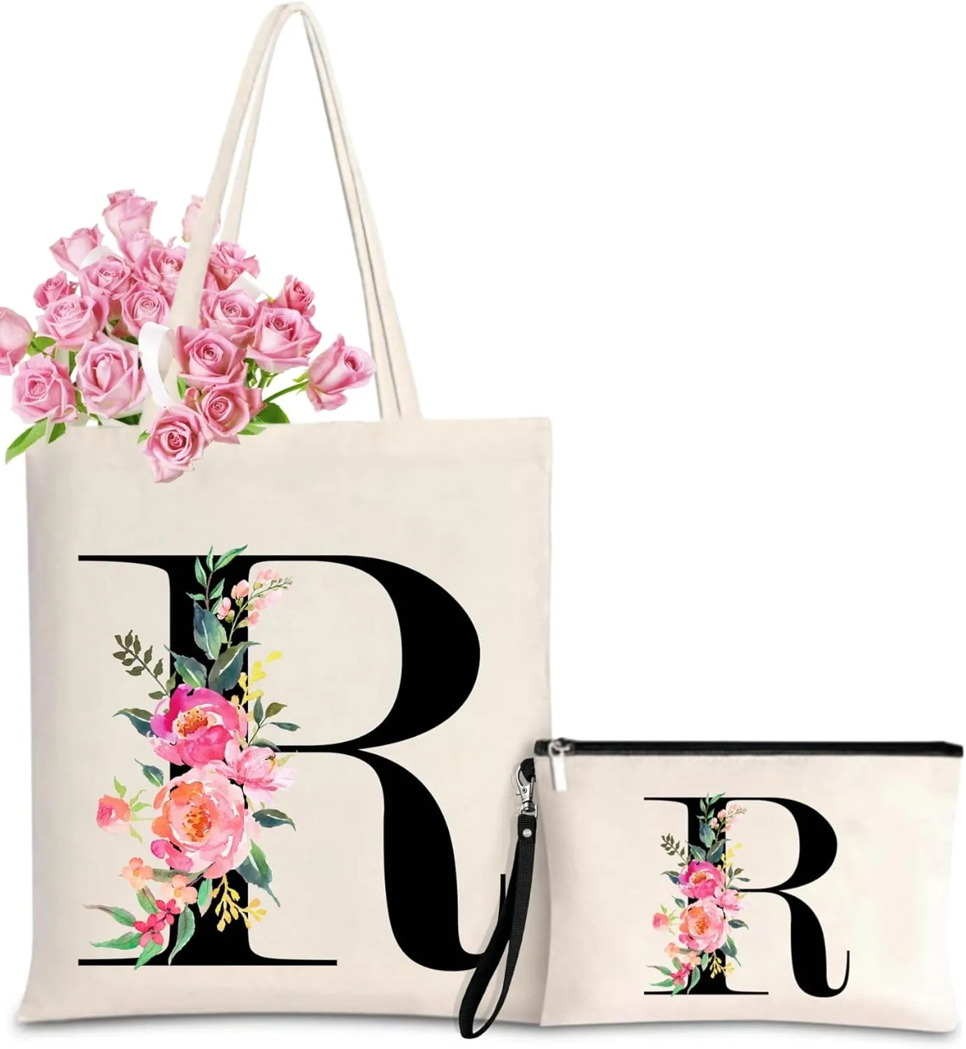 Initial Canvas Tote Bag for Women, Personalized Monogrammed Tote Bags with Makeup Gift Bag for Wedding Bridesmaids Birthday