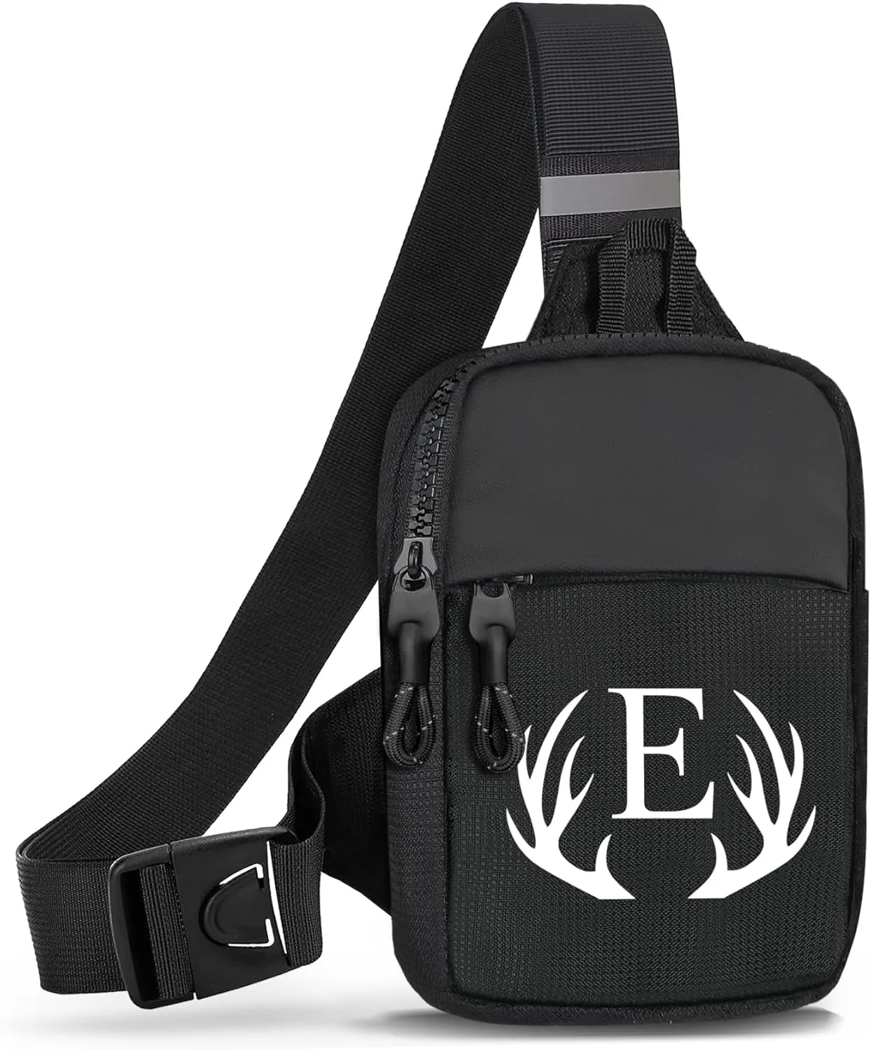 Initial Letter Small Crossbody Sling Bag for Men Women Double Pocket Chest Bag Trendy Water Resistant Fanny Pack Mini Phone Cross Body Bag for Travel Sports Workout Running (Black E)