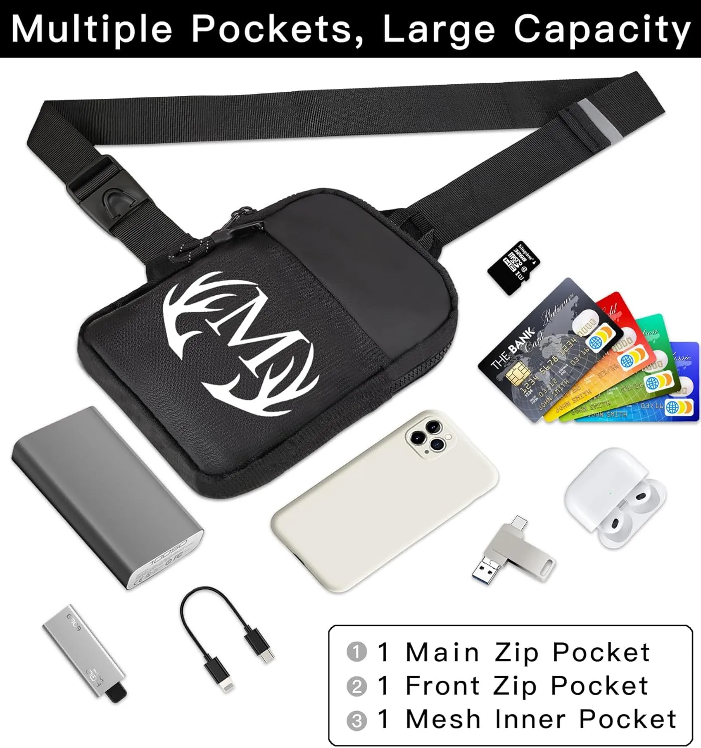 Initial Letter Small Crossbody Sling Bag for Men Women Double Pocket Chest Bag Trendy Water Resistant Fanny Pack Mini Phone Cross Body Bag for Travel Sports Workout Running (Black E)