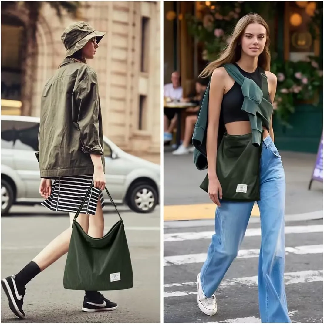KALIDI Corduroy Tote Bag for Women Casual Zipper Tote Handbag Large Crossbody Hobo Shoulder Bag Work Fashion Women Purse