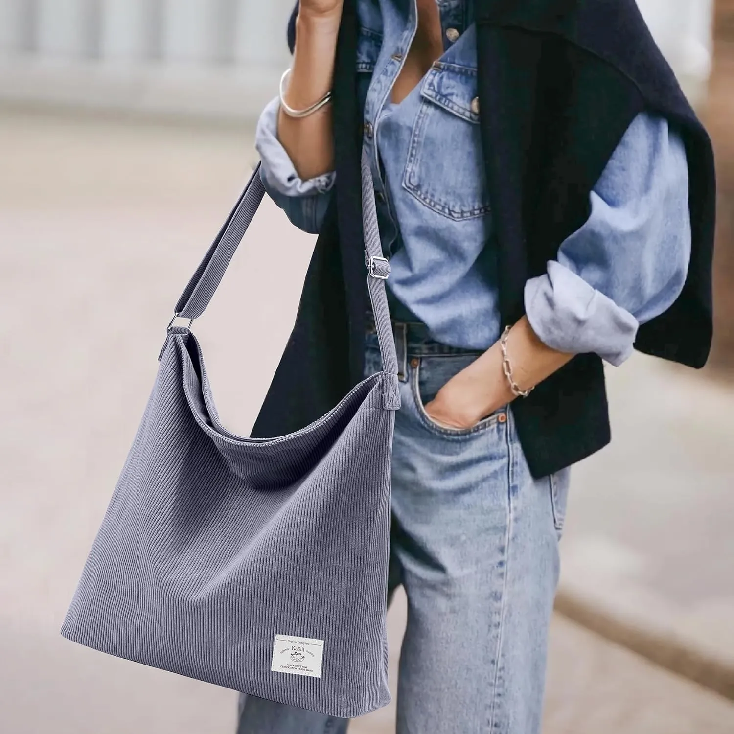 KALIDI Corduroy Tote Bag for Women Casual Zipper Tote Handbag Large Crossbody Hobo Shoulder Bag Work Fashion Women Purse