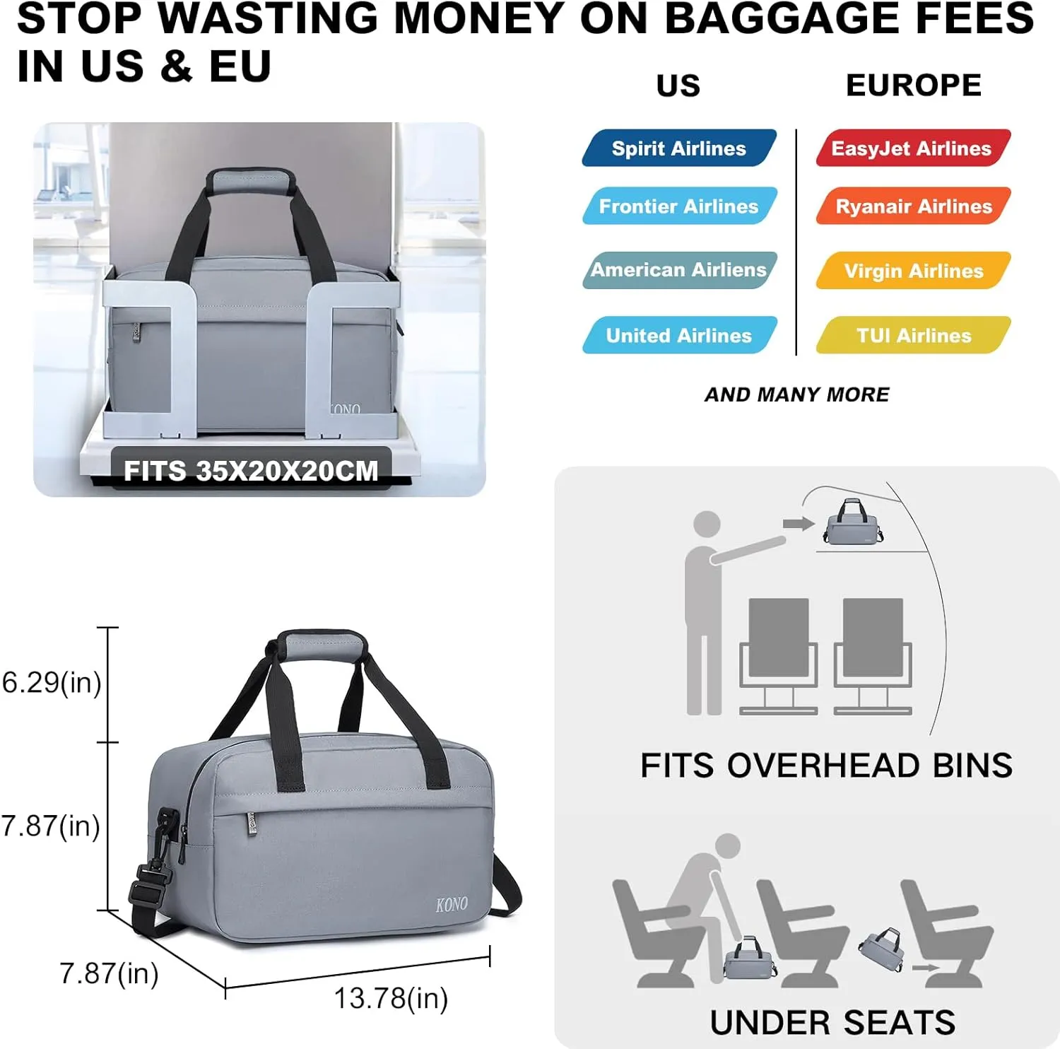 Kono Travel Duffel Bag 14L Under Seat Carry-on Bag Sports Tote Gym Bag Weekender Overnight Bags 13.78"x7.87"x7.87" Light Gray