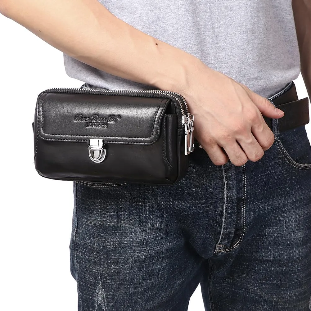 Leather Waist Belt Bag for Men Classic Side Fanny Pack Hip Bum Purse Smartphone Pouch for Travel Casual Formal Model 1-Horizontal Black