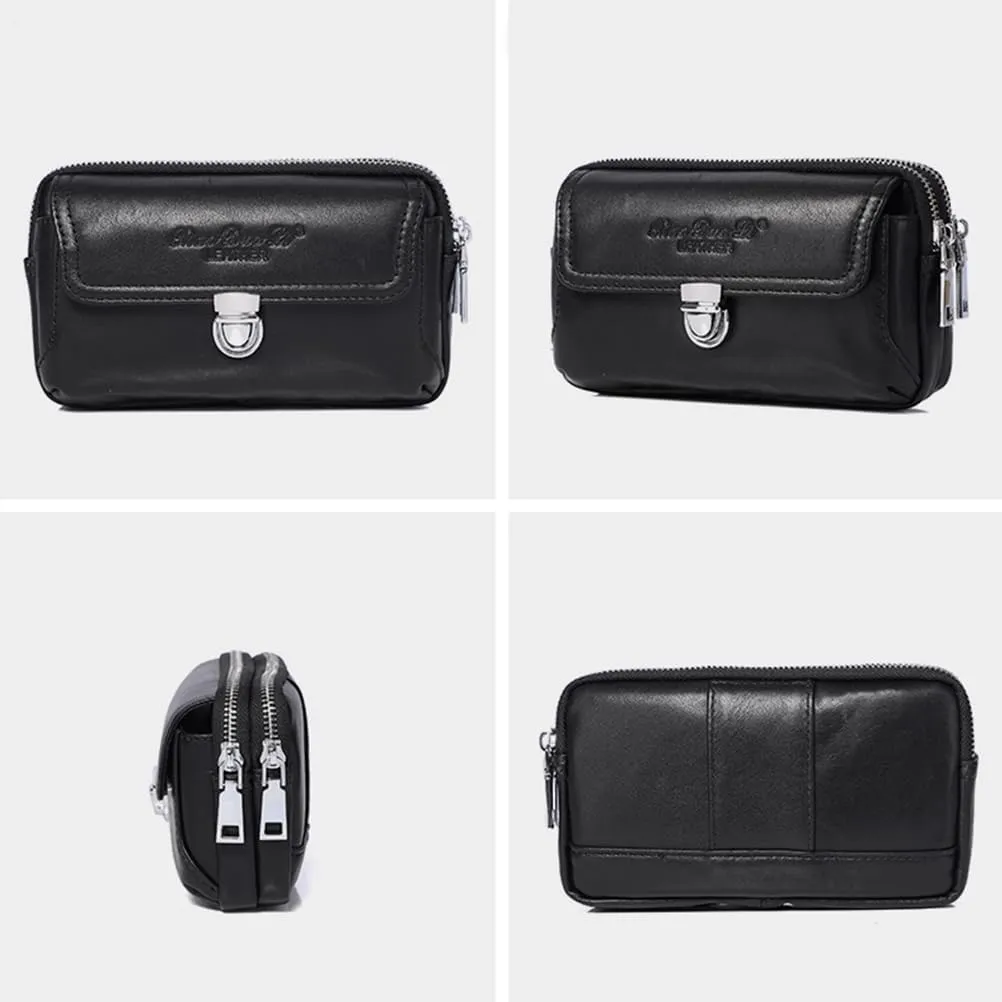 Leather Waist Belt Bag for Men Classic Side Fanny Pack Hip Bum Purse Smartphone Pouch for Travel Casual Formal Model 1-Horizontal Black