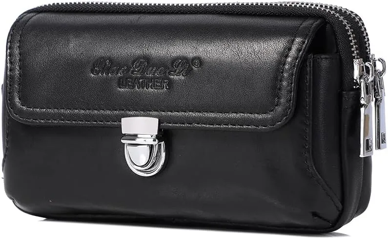 Leather Waist Belt Bag for Men Classic Side Fanny Pack Hip Bum Purse Smartphone Pouch for Travel Casual Formal Model 1-Horizontal Black