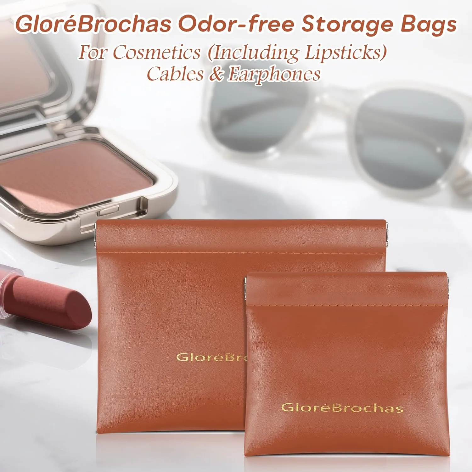 Makeup Bag for Purse:GlorBrochas PU Leather Makeup Pouch Set Large & Small Portable Cosmetic Bags, Waterproof Squeeze Top Coin Purse,Travel Organizer for Makeup,Lipstick, Jewelry,Earbuds(Brown)