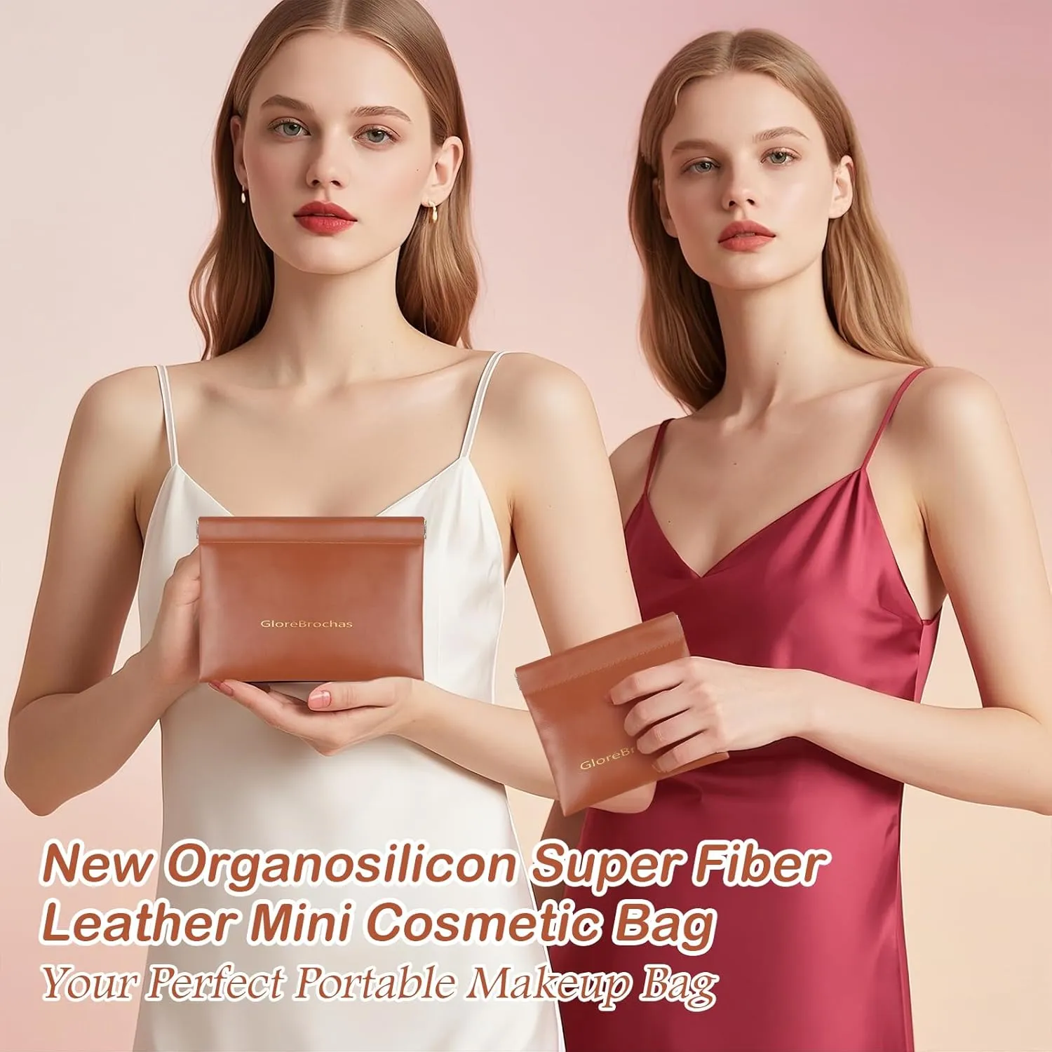 Makeup Bag for Purse:GlorBrochas PU Leather Makeup Pouch Set Large & Small Portable Cosmetic Bags, Waterproof Squeeze Top Coin Purse,Travel Organizer for Makeup,Lipstick, Jewelry,Earbuds(Brown)