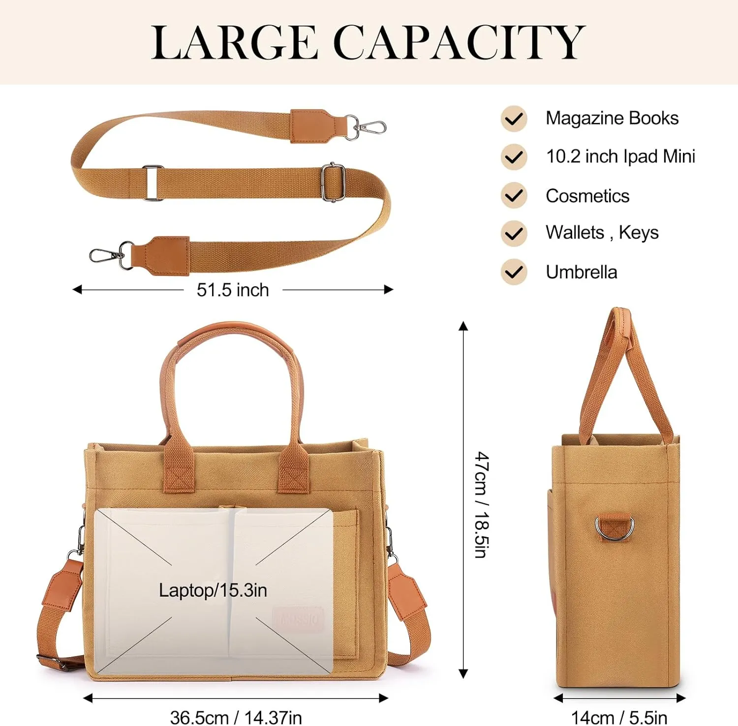 Mossio Large Canvas Tote Bag for Women with Pockets - Laptop Crossbody Work Tote Bag Everyday Bag Shoulder Purse Handbag