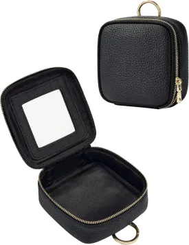Small Makeup Bag with Mirror, Genuine Leather Mini Cosmetic Bag for Purse Makeup Pouch with Zipper Mini Toiletry Bag Cute Cosmetic Pouch for School, Travel, Car (Black)