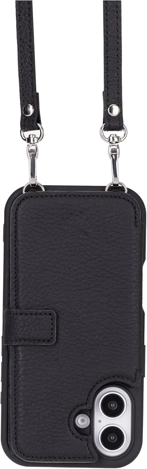 Venito Fermo for iPhone 16 Crossbody Wallet Case Luxury, Premium Leather, Detachable Strap, Raised Edge Camera Protection, Slim Design for Men and Women, RFID Blocking, 6.1" Floater Black
