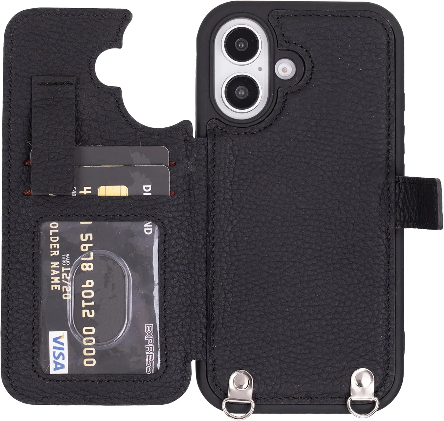 Venito Fermo for iPhone 16 Crossbody Wallet Case Luxury, Premium Leather, Detachable Strap, Raised Edge Camera Protection, Slim Design for Men and Women, RFID Blocking, 6.1" Floater Black