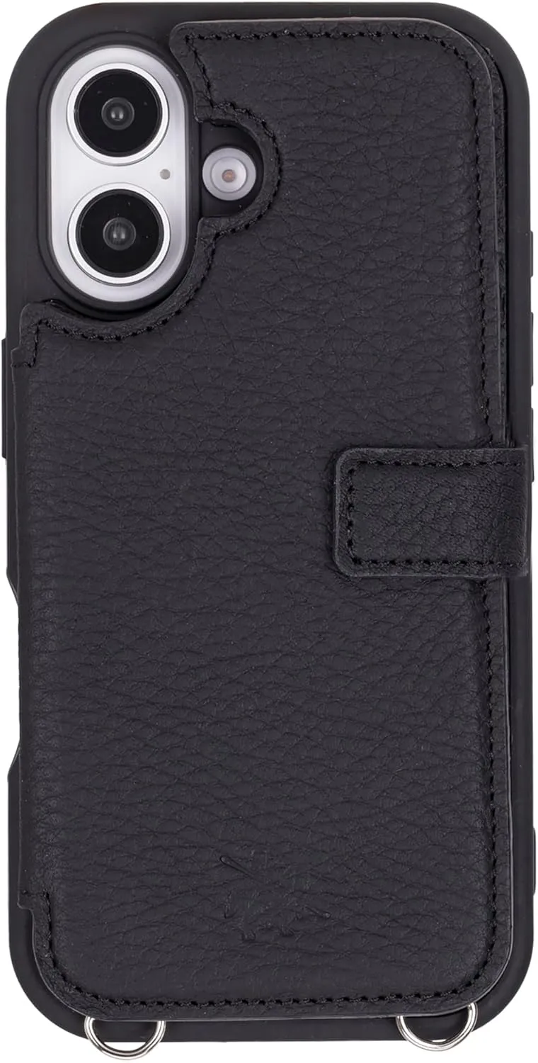 Venito Fermo for iPhone 16 Crossbody Wallet Case Luxury, Premium Leather, Detachable Strap, Raised Edge Camera Protection, Slim Design for Men and Women, RFID Blocking, 6.1" Floater Black