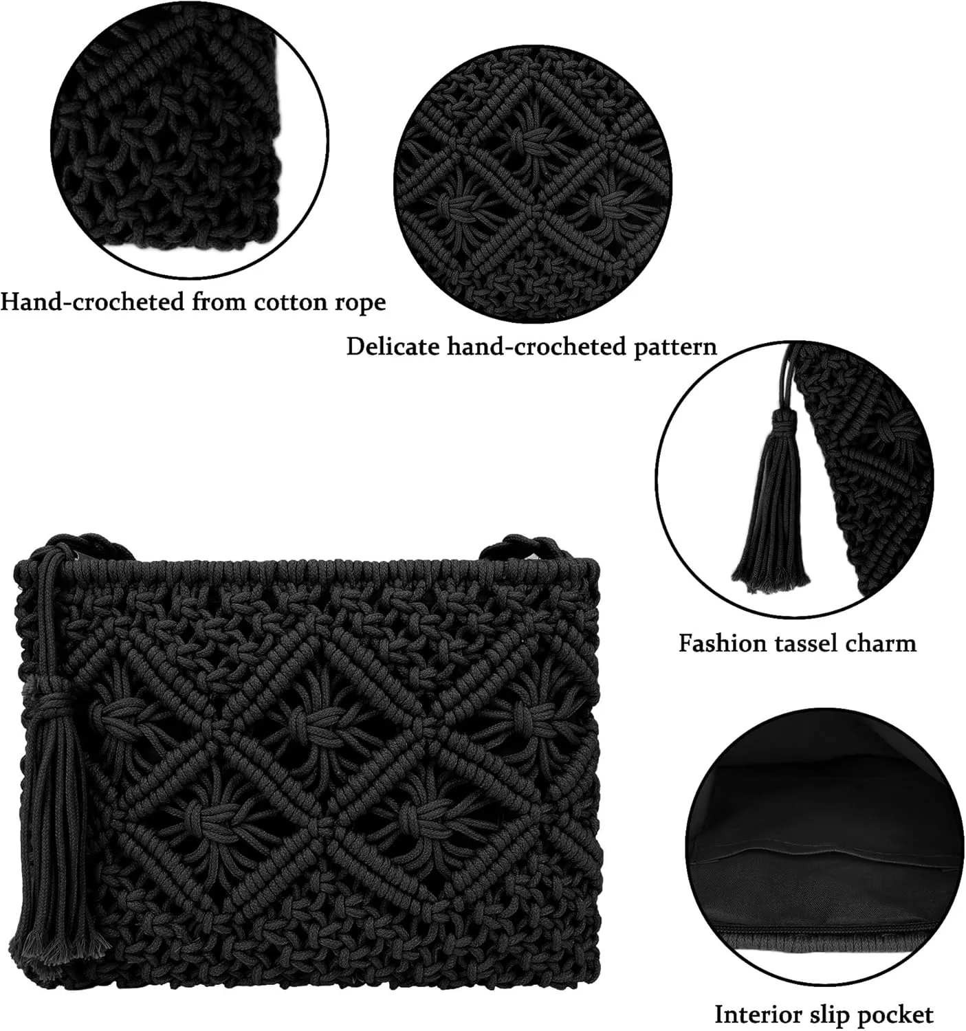 Women Crochet Shoulder Bag Handmade Woven Beach Crossbody Handbag Satchel Purse with Tassel for Summer