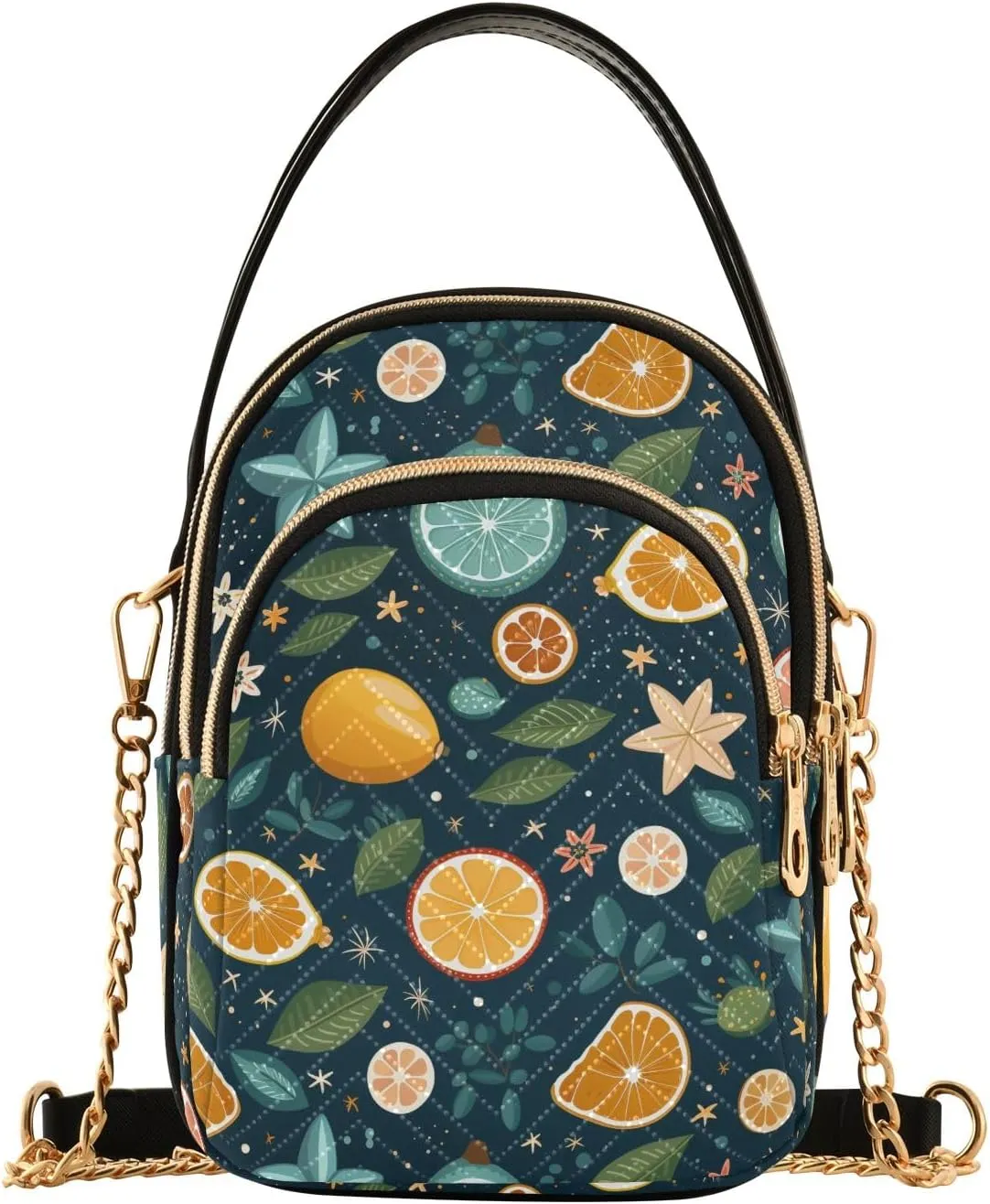 Women Crossbody Handbag Fruit Lemon Print Quilted Chain Bag