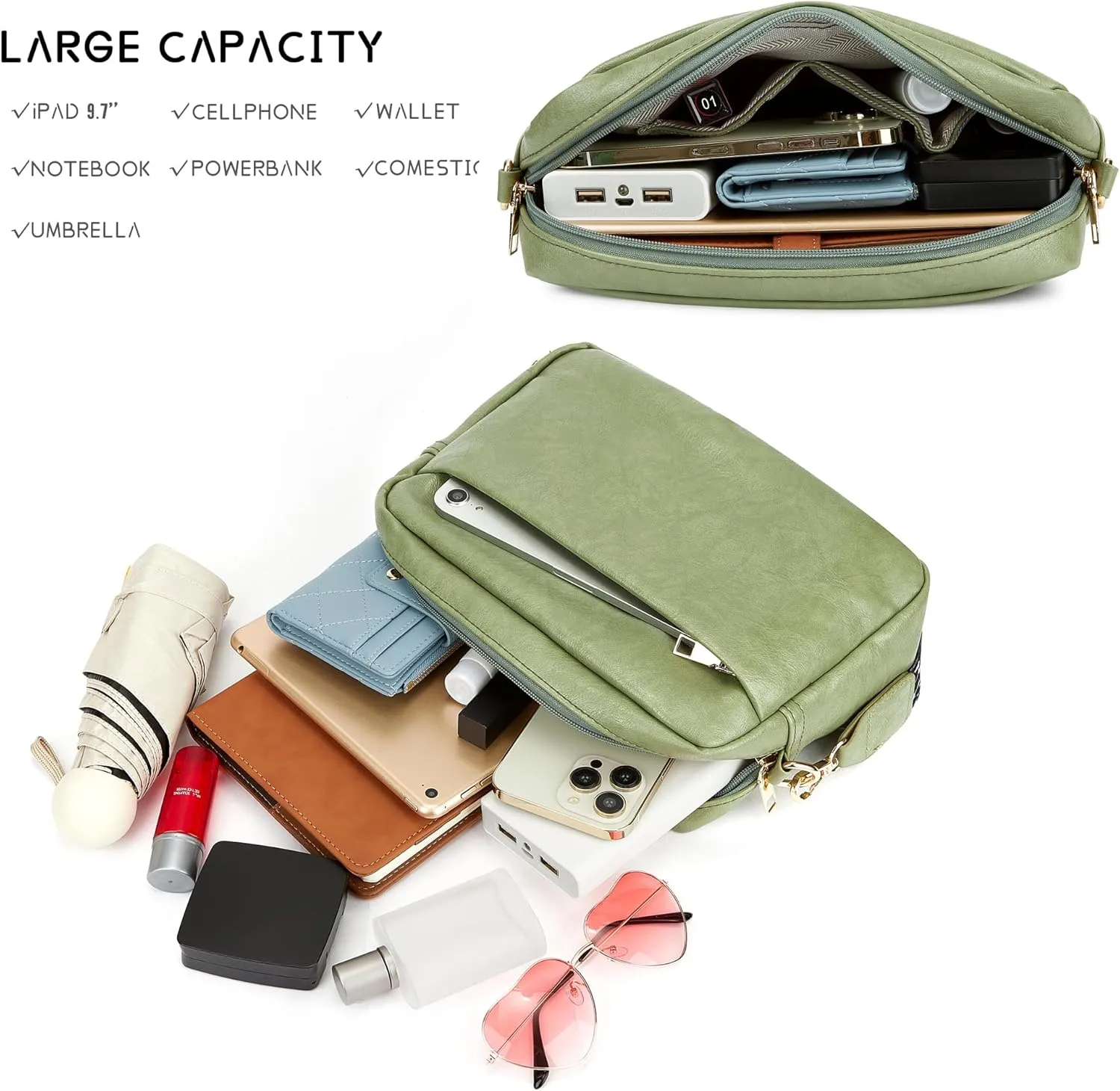 Women's Leather Crossbody Bag Zipper Shoulder Camera Purse